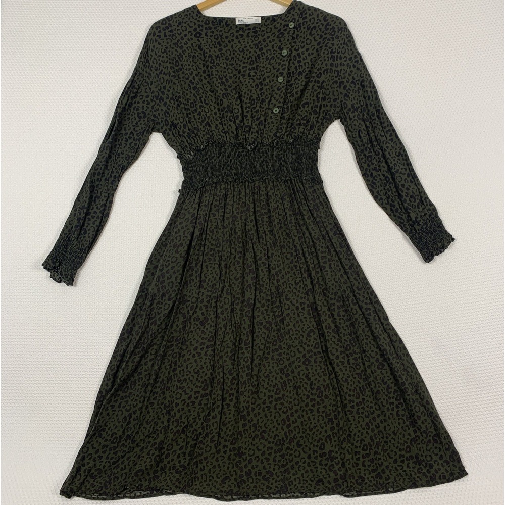 Zara Green Animal Print Midi Dress Womens Large L Smocked Waist Long Sleeve